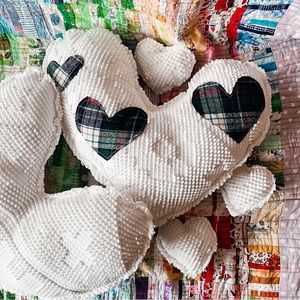 Handmade white chenille heart pillow with plaid accents